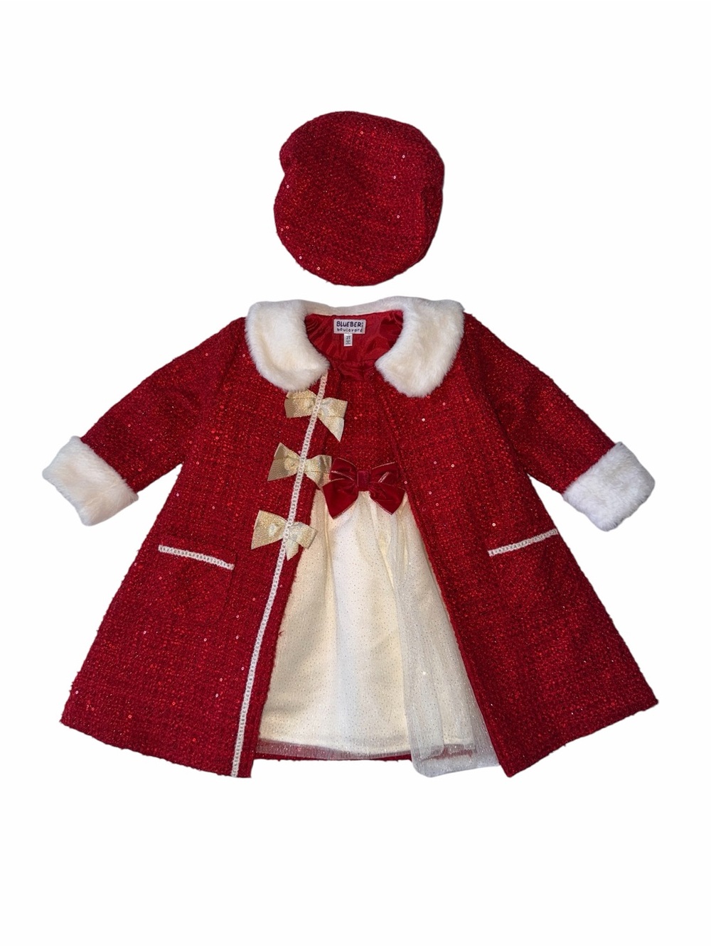 Blueberi Girls Christmas Dress Coat Beret 3 Piece Holiday Set 2T